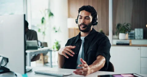 Computer, speaking and man in call center for technical support, smile and Stock Footage 329396370