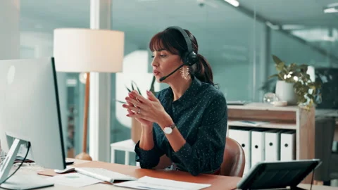 Computer, speaking and woman with headset in office, sales call center and pitch Stock Footage 330096261