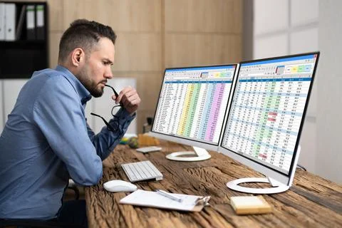 Computer Spreadsheet Data Analyst Man 스톡 사진