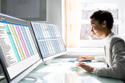 Computer Spreadsheet Data Analyst Woman 스톡 사진