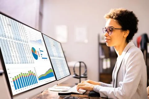 Computer Spreadsheet Data Analyst Woman Foto stock