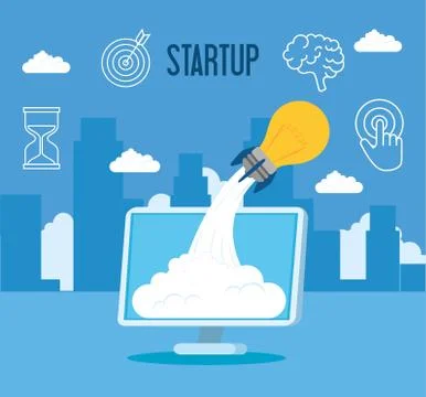 Computer with start up light bulb rocket vector design Stock Illustration
