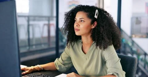 Computer, startup or happy black woman programmer for cybersecurity, app coding Stock Photos