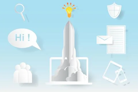 Computer startup rocket idea concept vector,paper art Stock-Illustration