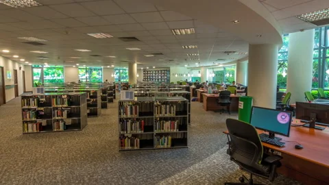 Computer station at the university library timelapse hyperlapse with seating Stock Footage 146177352