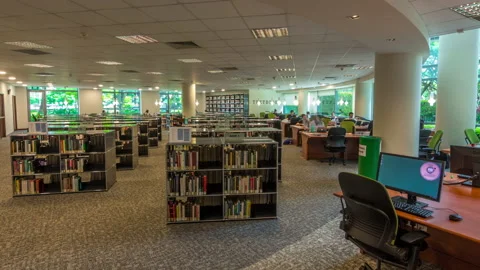 Computer station at the university library timelapse hyperlapse with seating Stock Footage 167786276