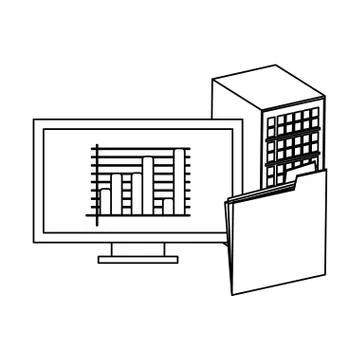 Computer with statistics and folder black and white Stock Illustration