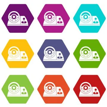 Computer steering wheel icon set color hexahedron Illustrazione stock