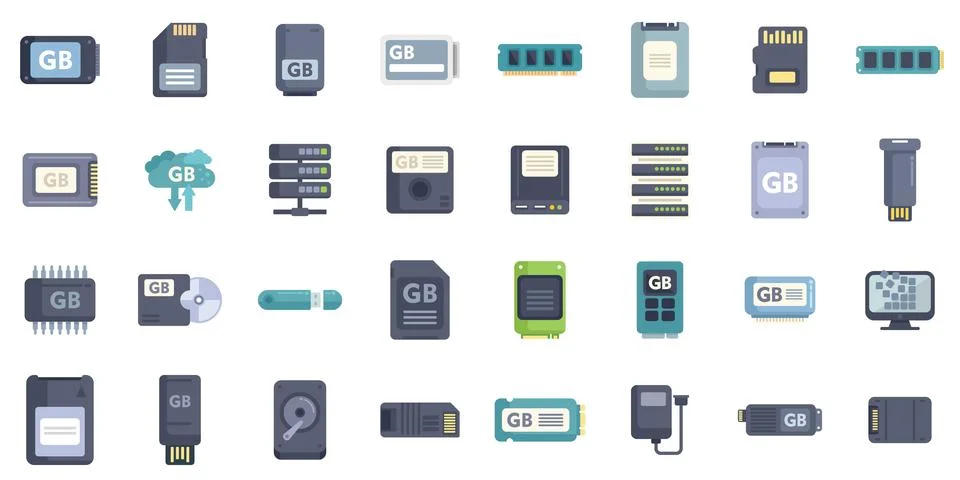 Computer storage devices and data transfer icons showing gigabyte capacity イラスト素材