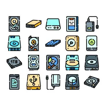 Computer storage hardware icons collection digital technology Stock Illustration