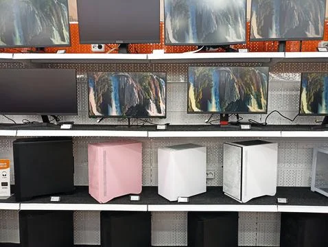 Computer store display with monitors and pc cases on shelves Stock Photos
