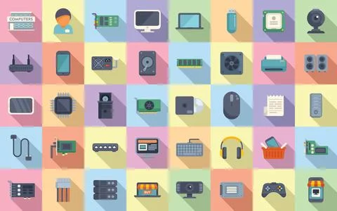 Computer store icons set flat vector. Online store Stock Illustration