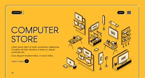 Computer store isometric landing page. Empty mall Stock Illustration