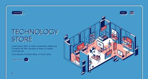 Computer store isometric landing page. Empty mall Stock Illustration