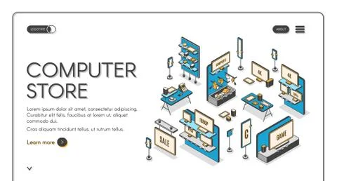 Computer store isometric landing page. Empty mall Stock Illustration