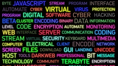 Computer Subjects Words Moving on the Data Screen. Bright Colors Glowing 動画素材 87558784