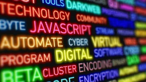 Computer Subjects Words Moving on the Data Screen with DOF Blur. Bright Colors 動画素材 87559000