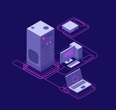 Computer synchronization, data network management. Isometric devices, networking Stock Illustration