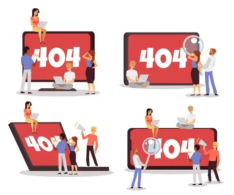 Computer system 404 error banners bundle, flat vector illustration isolated. Stock Illustration