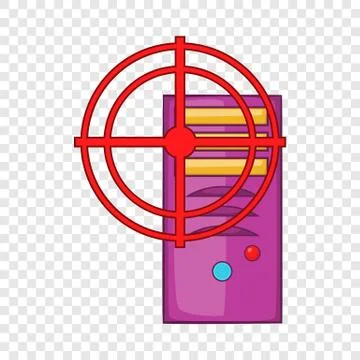 Computer system and red target icon, cartoon style Illustrazione stock