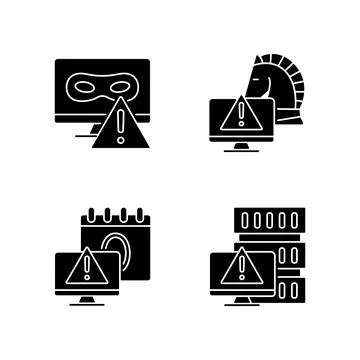 Computer system attacks black glyph icons set on white space Stock Illustration