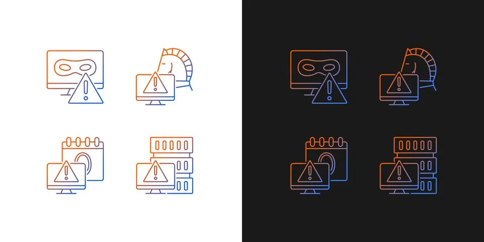 Computer system attacks gradient icons set for dark and light mode Stock Illustration