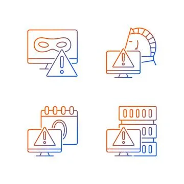 Computer system attacks gradient linear vector icons set Illustrazione stock