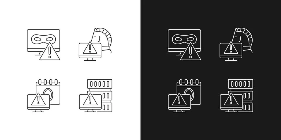 Computer system attacks linear icons set for dark and light mode Stock Illustration