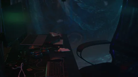 Computer System with Codes at Dark Neon Cyberpunk Workspace Stock Footage 327632098