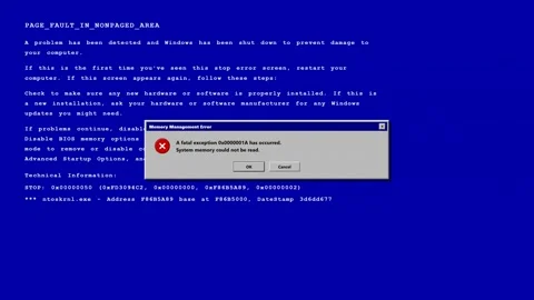 Computer system error blue screen with memory management failure. 4K Stock Footage 345495139