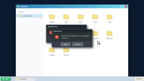 Computer system error pop up windows over a folder interface. 4K Stock Footage 341694885