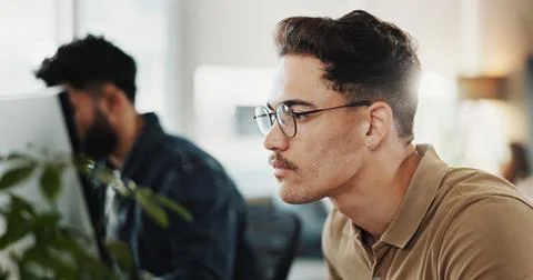Computer, system maintenance and web development with man in creative workplace Stock Photos