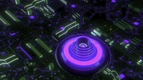 Computer system with neon details. Motion. Futuristic computer technology in Illustrazione stock