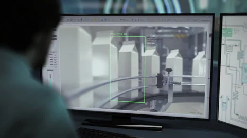 Computer system observing the factory conveyor packaging the produced items Stock Footage 287482542