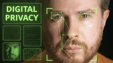Computer system scanning face. Digital privacy related image Foto stock