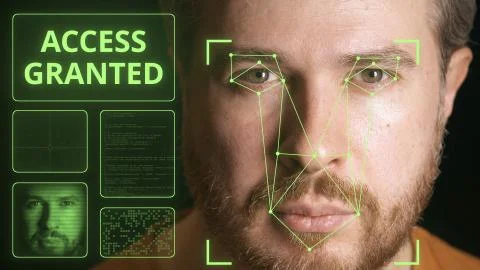 Computer system scans man's face and identifies person. Access granted 写真素材