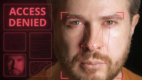 Computer system scans man's face and can't identify person. Access denied Stock Photos