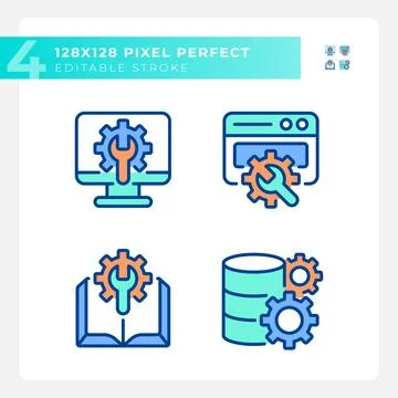 Computer system settings pixel perfect RGB color icons set Stock Illustration