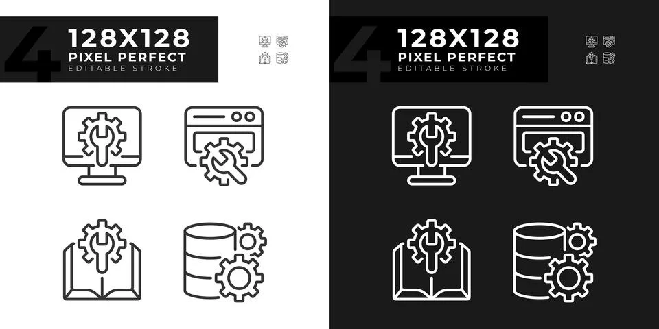Computer system settings pixel perfect linear icons set for dark, light mode Stock Illustration