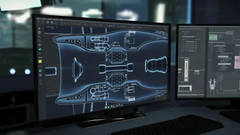 Computer system shows the 3D blueprint of the new complex machinery model Stock Footage 278221584