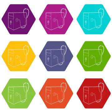 Computer system unit and stethoscope icons set 9 vector Stock Illustration