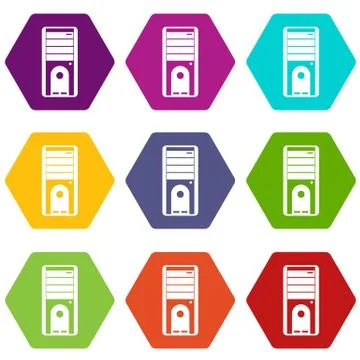 Computer system unit icon set color hexahedron Stock Illustration