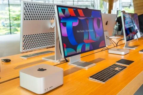 Computer system unit Mac Studio Studio Display multicolor on the store wind.. Stock Photos
