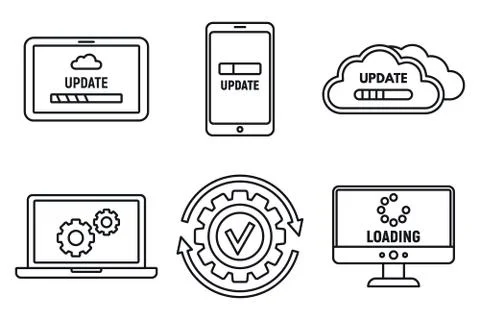 Computer system update icons set, outline style Stock Illustration