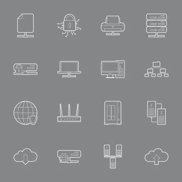Computer Systems and Networks thin lines icons set Stock Illustration