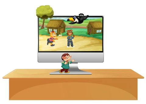 Computer on the table with animal theme desktop background Stock Illustration