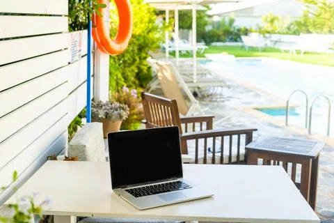 Computer on table background as a pool. Stock Illustration