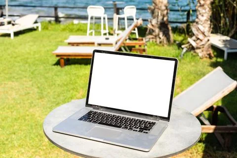 Computer on table background as a pool. Stock Photos