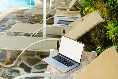 Computer on table background as a pool. Stock Photos