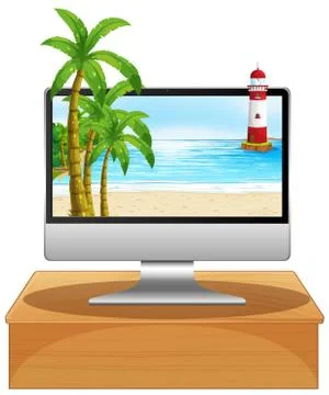 Computer on the table with beach on screen Stock Illustration